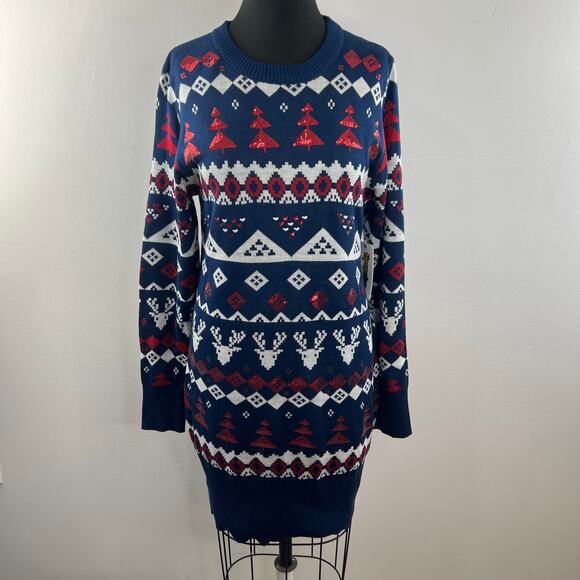 TIPSY ELVES Blue Red White Sweater Dress Knit Sequin Fair Isle Size Large L NEW - Picture 2 of 12